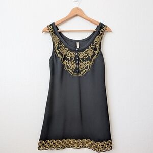 Free People Black Mini Dress with Gold Embroidered Details Size Small